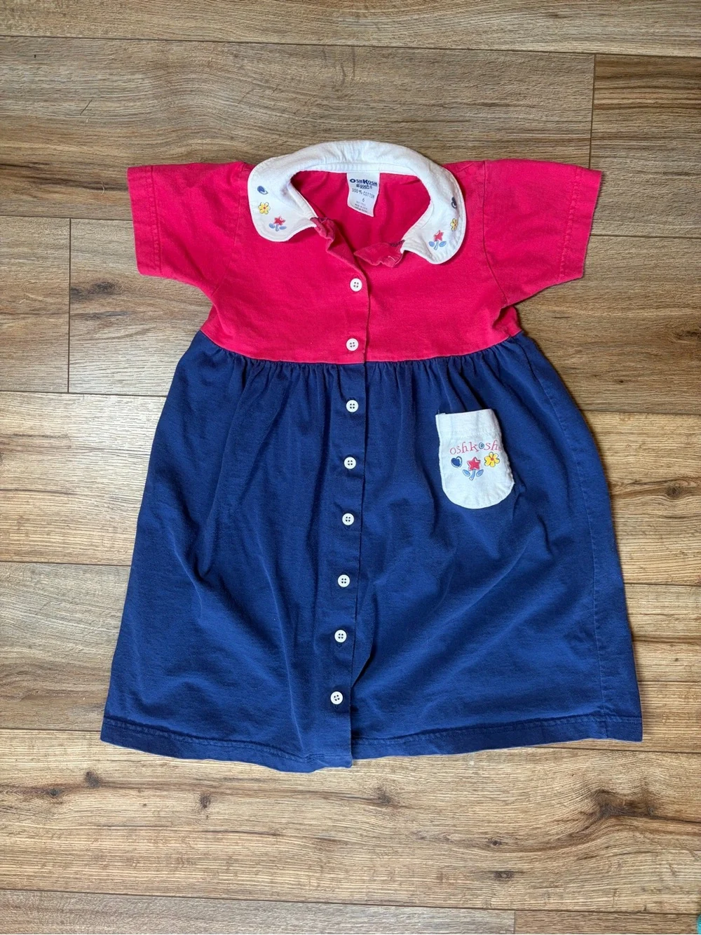 Vintage 90s OshKosh B'gosh Colorblock Dress Pink Blue Embroidered Collar Pocket